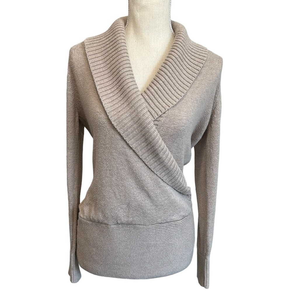 Ann Taylor Sweater Long Sleeve V Neck Wrap Ribbed Collar Oatmeal Women’s Small
